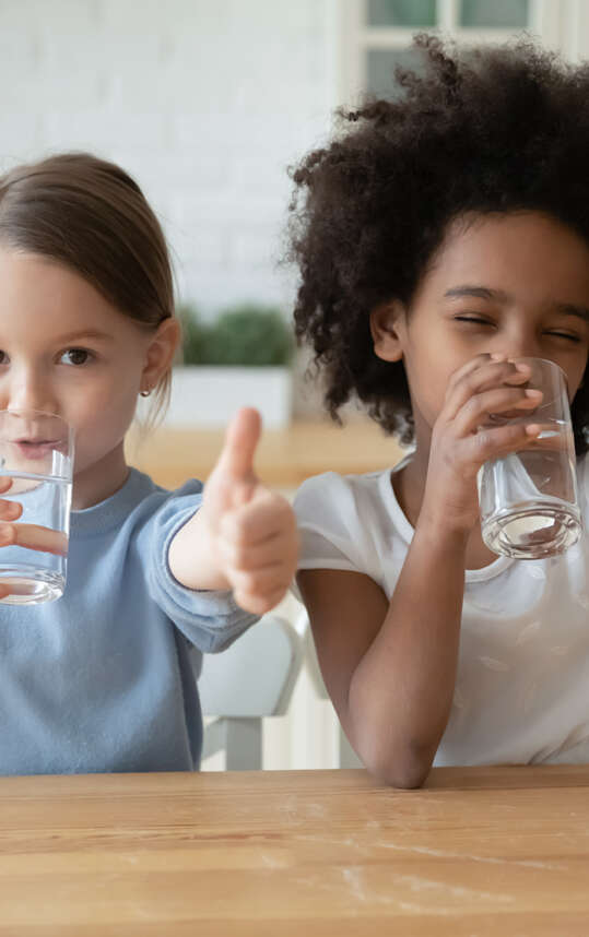 Portrait of smiling multiethnic sisters kids drink clean pure mineral water show thumbs up. Happy diverse small multiracial children recommend aqua feel thirsty. Healthy lifestyle, hydration concept.